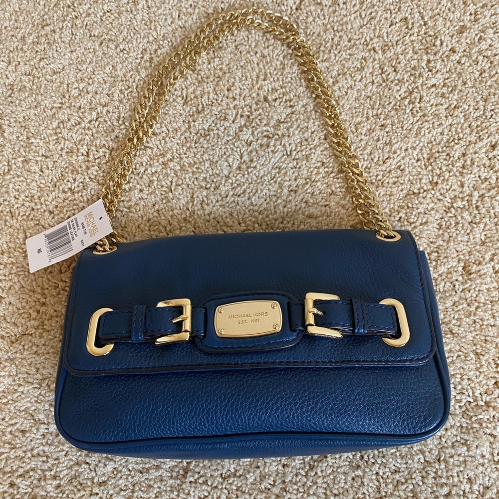 BNWT Michael Kors Hamilton Bag, Navy with Gold Chain, Genuine Leather